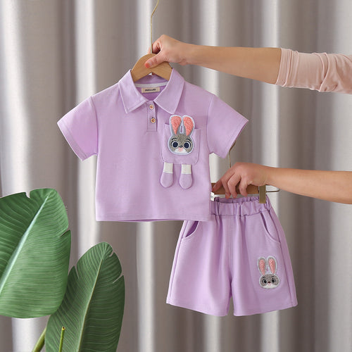 Girls Purple Bunny Appliqued Short Sleeves Polo T-Shirt With Shorts Set 2 pc. Sets Purple 1-2 Y