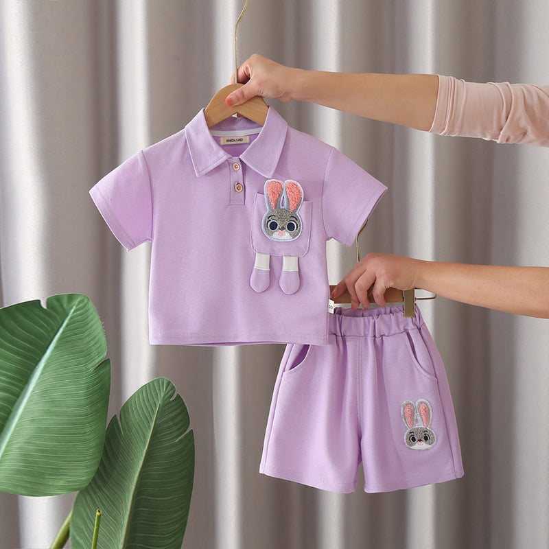 Girls Purple Bunny Appliqued Short Sleeves Polo T-Shirt With Shorts Set 2 pc. Sets Purple 1-2 Y
