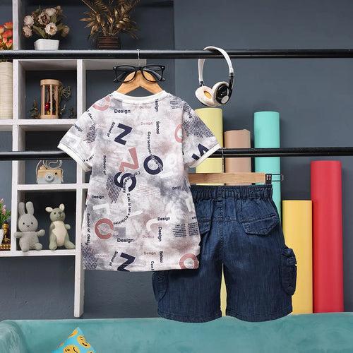 Boys Multicolour Alphanumeric Printed T-Shirt With Denim Shorts Sets 2 pc. Sets