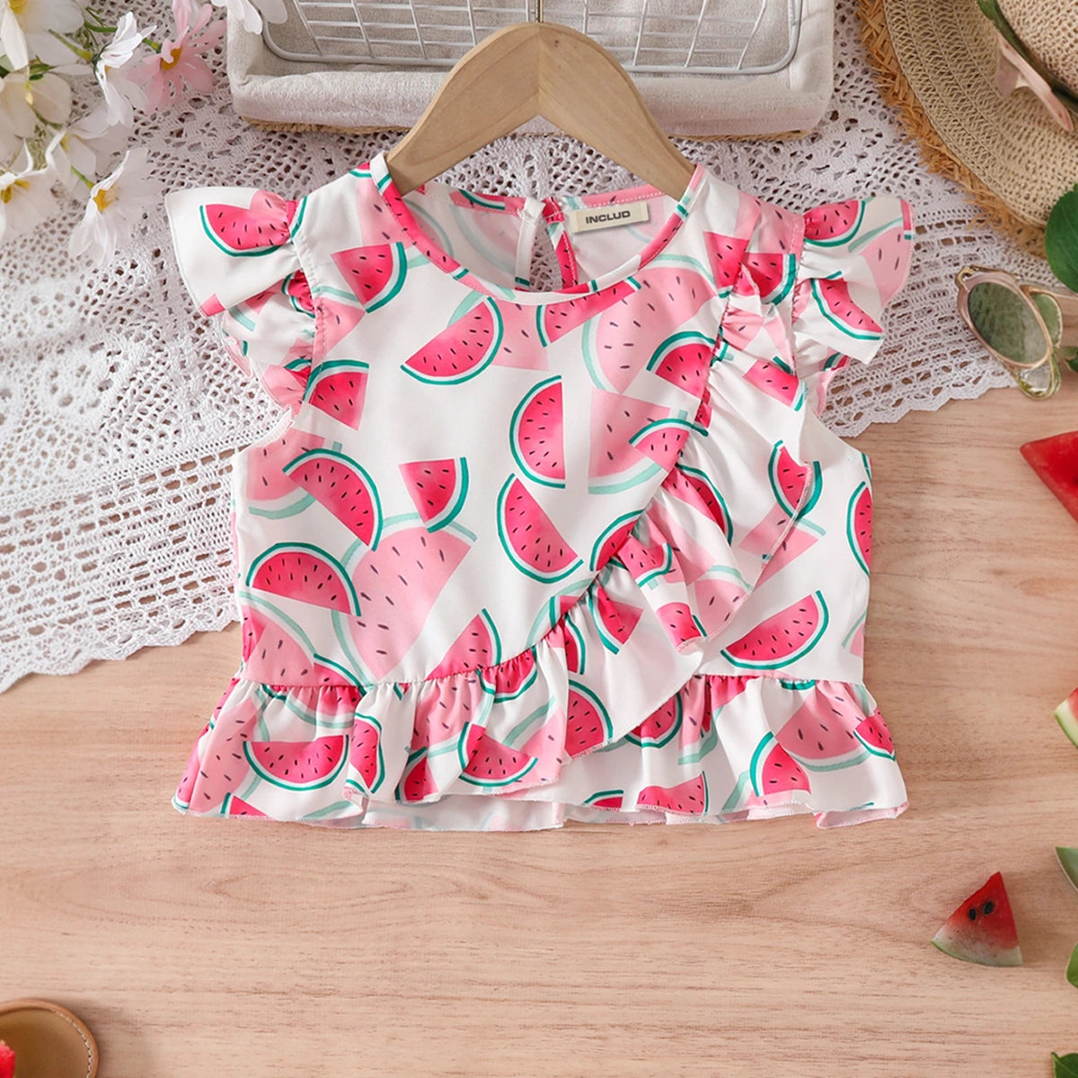 Girls Pink Watermelon Printed Ruffled Top With Denim Shorts Set Sets