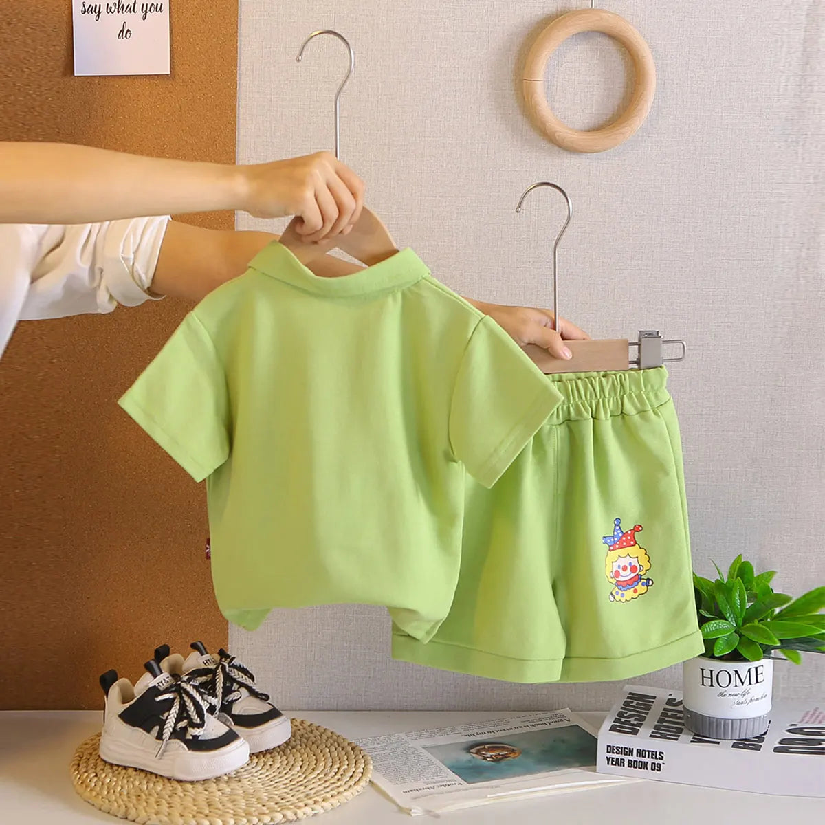 Boys Green Clown Printed Polo T-Shirt With Shorts Co-ord Sets Sets
