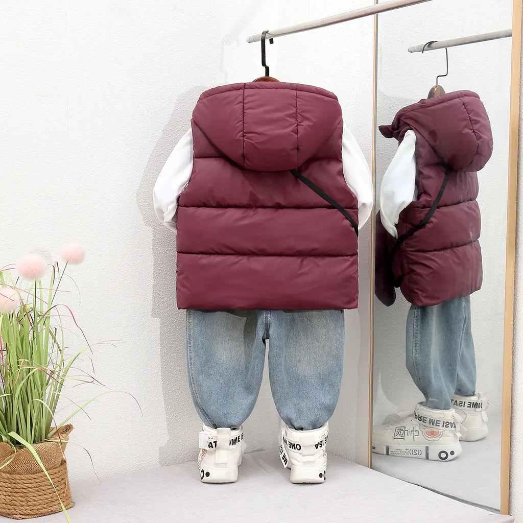Boys Maroon Hooded Sleeveless Puffer Vest With Patch Pockets Coats & Jackets