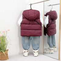 Boys Maroon Hooded Sleeveless Puffer Vest With Patch Pockets Coats & Jackets