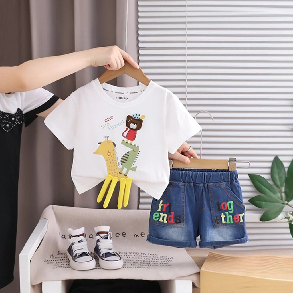 Boys Off White Animal Applique Short Sleeve T-Shirt With Denim Shorts Sets 2 pc. Sets Off White 1-2 Y