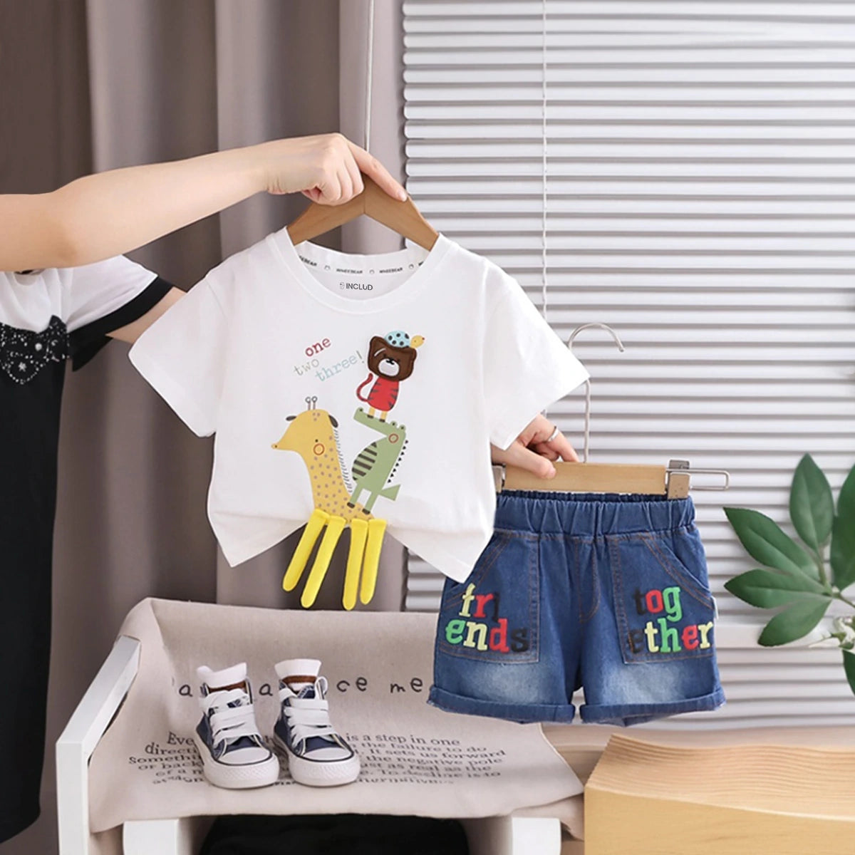 Boys Off White Animal Applique Short Sleeve T-Shirt With Denim Shorts Sets 2 pc. Sets Off White 1-2 Y
