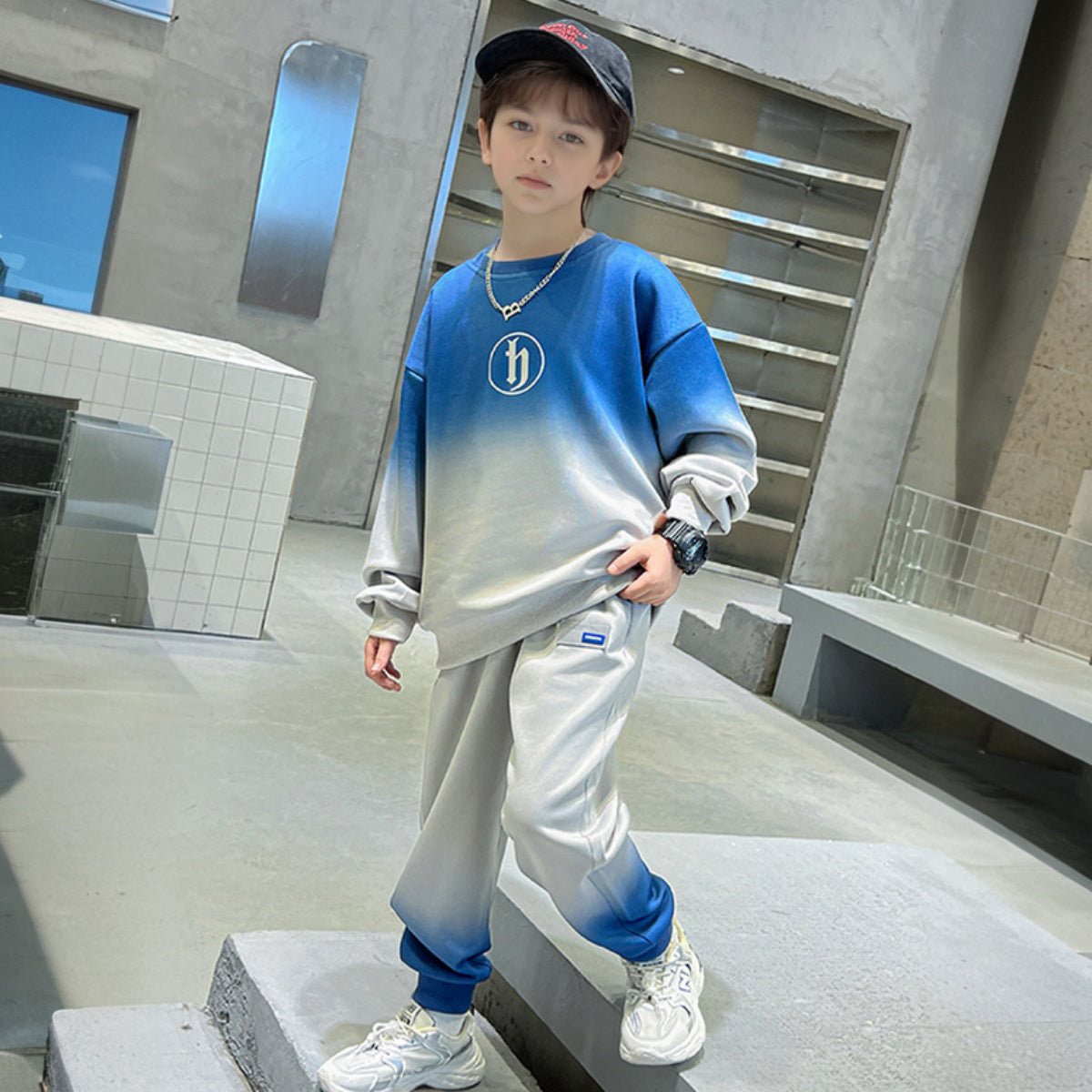 Boys Blue Ombre Printed Winter Sweatshirt With Jogger Set 2 pc. Sets