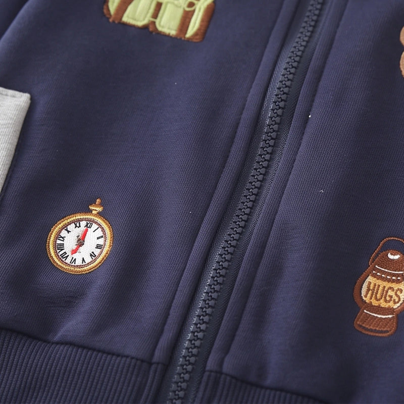 Boys Navy Blue Graphic Embroidered Jacket & Jogger Sets Sets