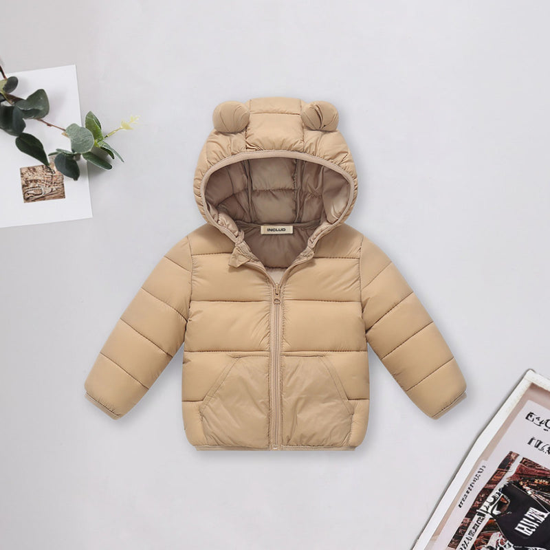 Boys Khaki Solid Front Zipper Hooded Puffer Jacket Coats & Jackets Khaki 1-2 Y