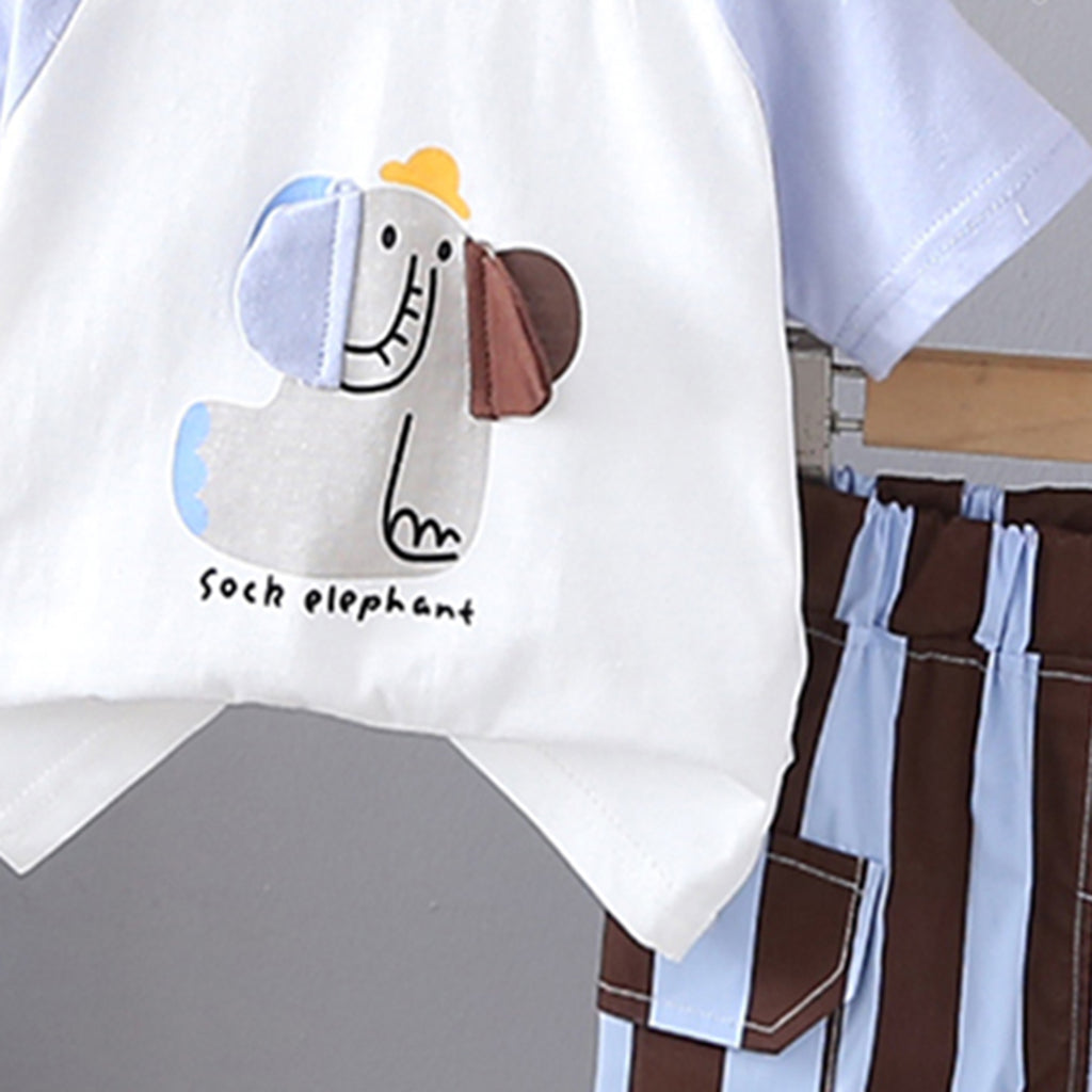 Boys Light Blue Elephant Printed Raglan Sleeves T-Shirt With Striped Shorts Set 2 pc. Sets