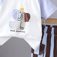 Boys Light Blue Elephant Printed Raglan Sleeves T-Shirt With Striped Shorts Set 2 pc. Sets