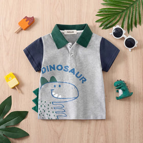 Boys Grey Dinosaur Themed Short Sleeves Polo T-Shirt Tshirts Grey 1-2 Y
