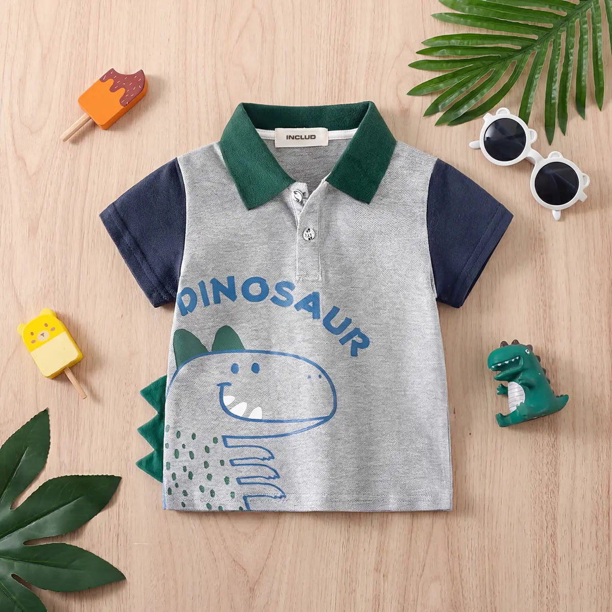 Boys Grey Dinosaur Themed Short Sleeves Polo T-Shirt Tshirts Grey 1-2 Y