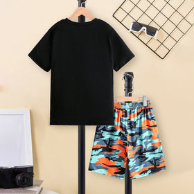 Boys Black Camouflage Printed Short Sleeves T-Shirt With Shorts Set 2 pc. Sets