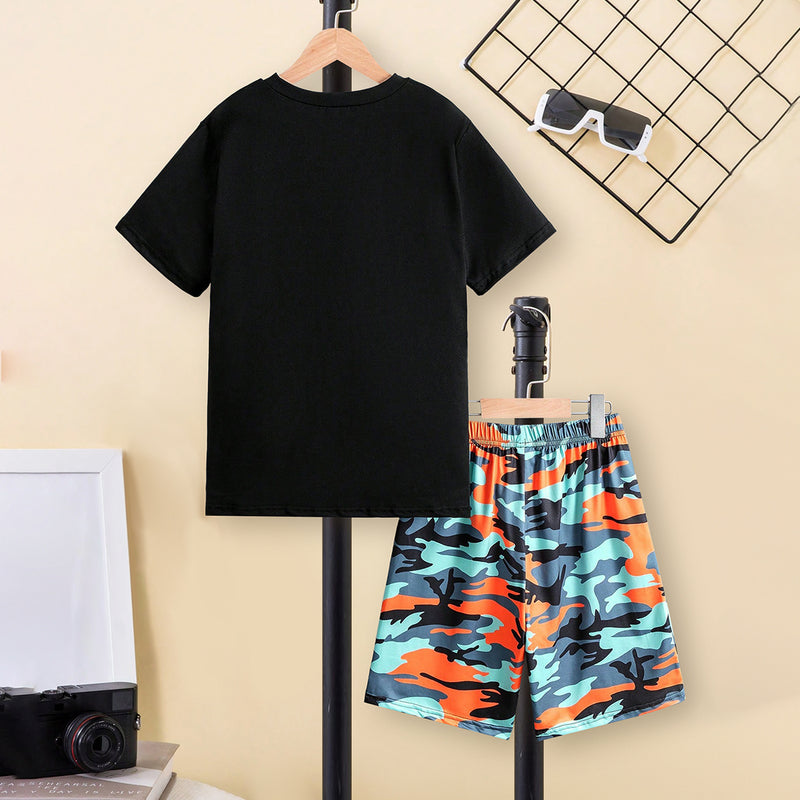 Boys Black Camouflage Printed Short Sleeves T-Shirt With Shorts Set 2 pc. Sets