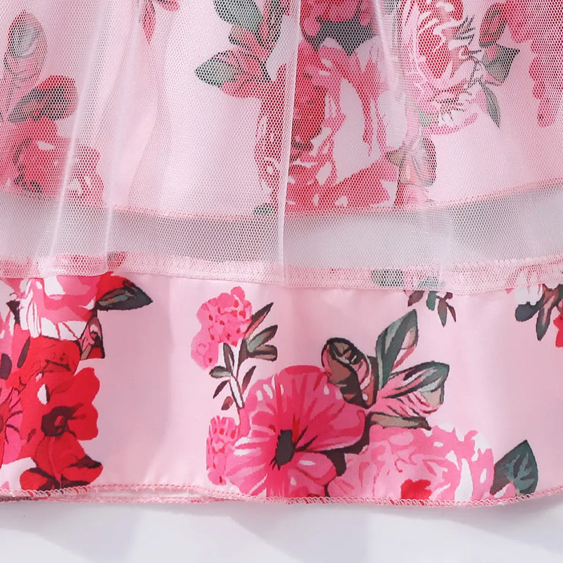 Girls Pink Floral Print Tulle Overlay Fit & Flare Dress Casual Dresses
