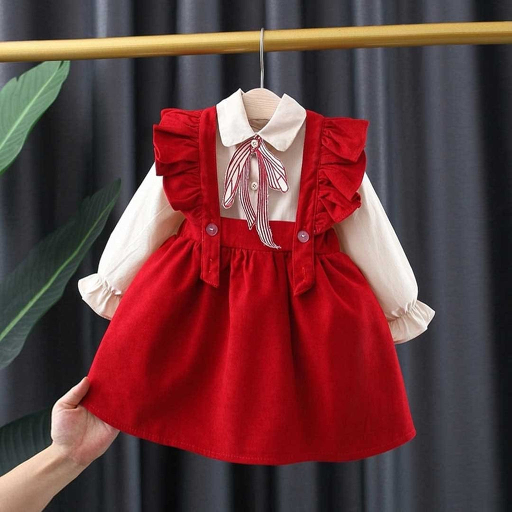 Girls Red Puff Sleeve Shirt With Sleeveless Dress Casual Dresses Red 1-2 Y 