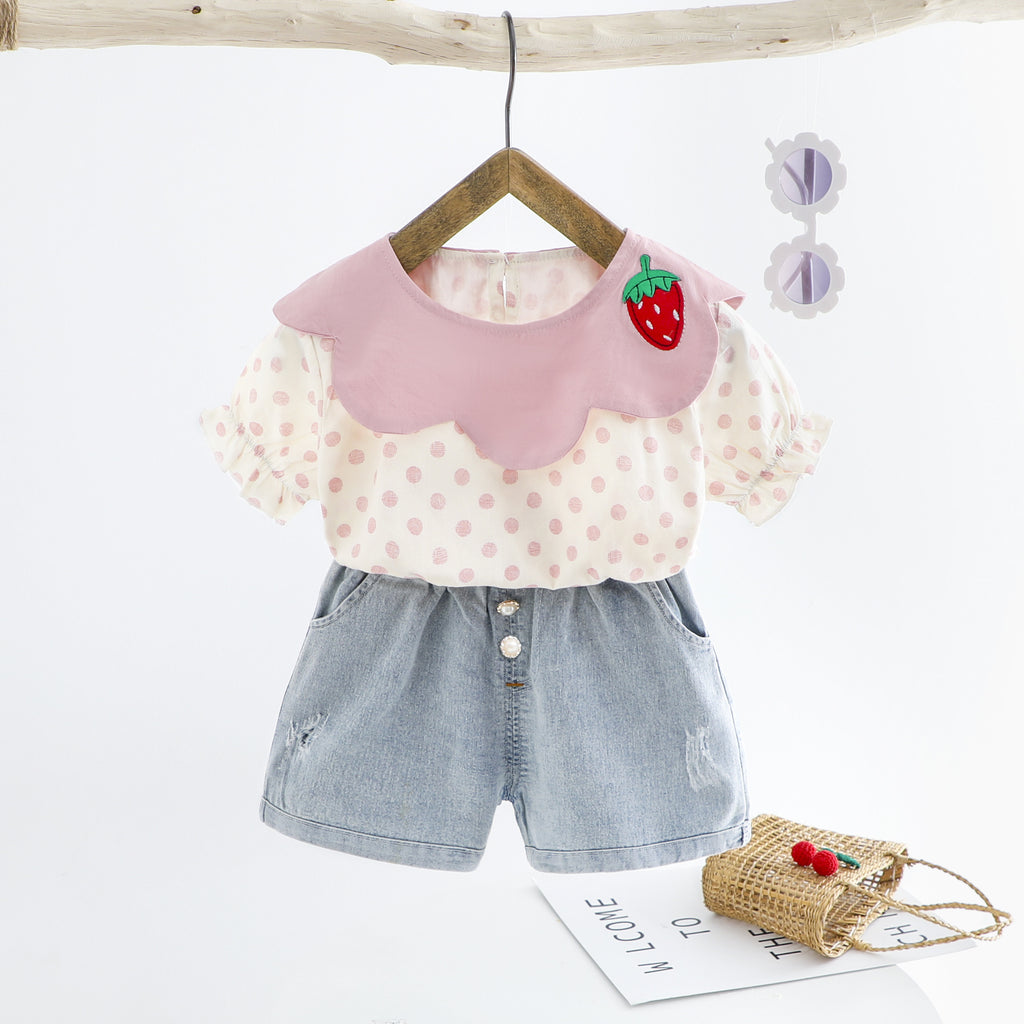 Girls Pink Short Sleeve Polka Dot Print Top With Denims Shorts Sets Pink 1-2 Y