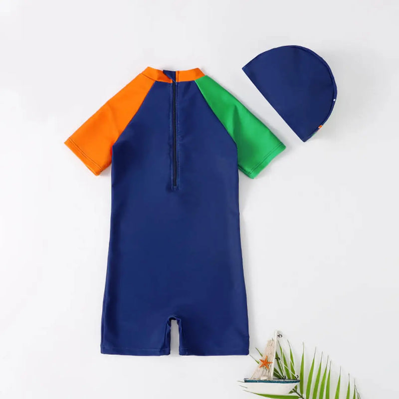 Boys Navy Blue Dinosaur Cartoon Print Swimwear Bodysuit With Swim Cap Beachwear