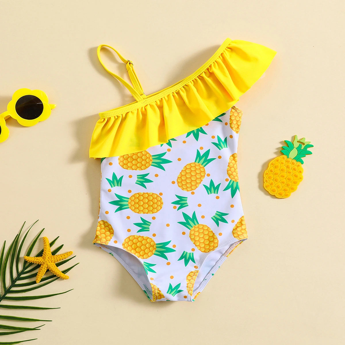 Girls Yellow Pineapple Print One Shoulder Swimwear Bodysuit Beachwear Yellow 1-2 Y