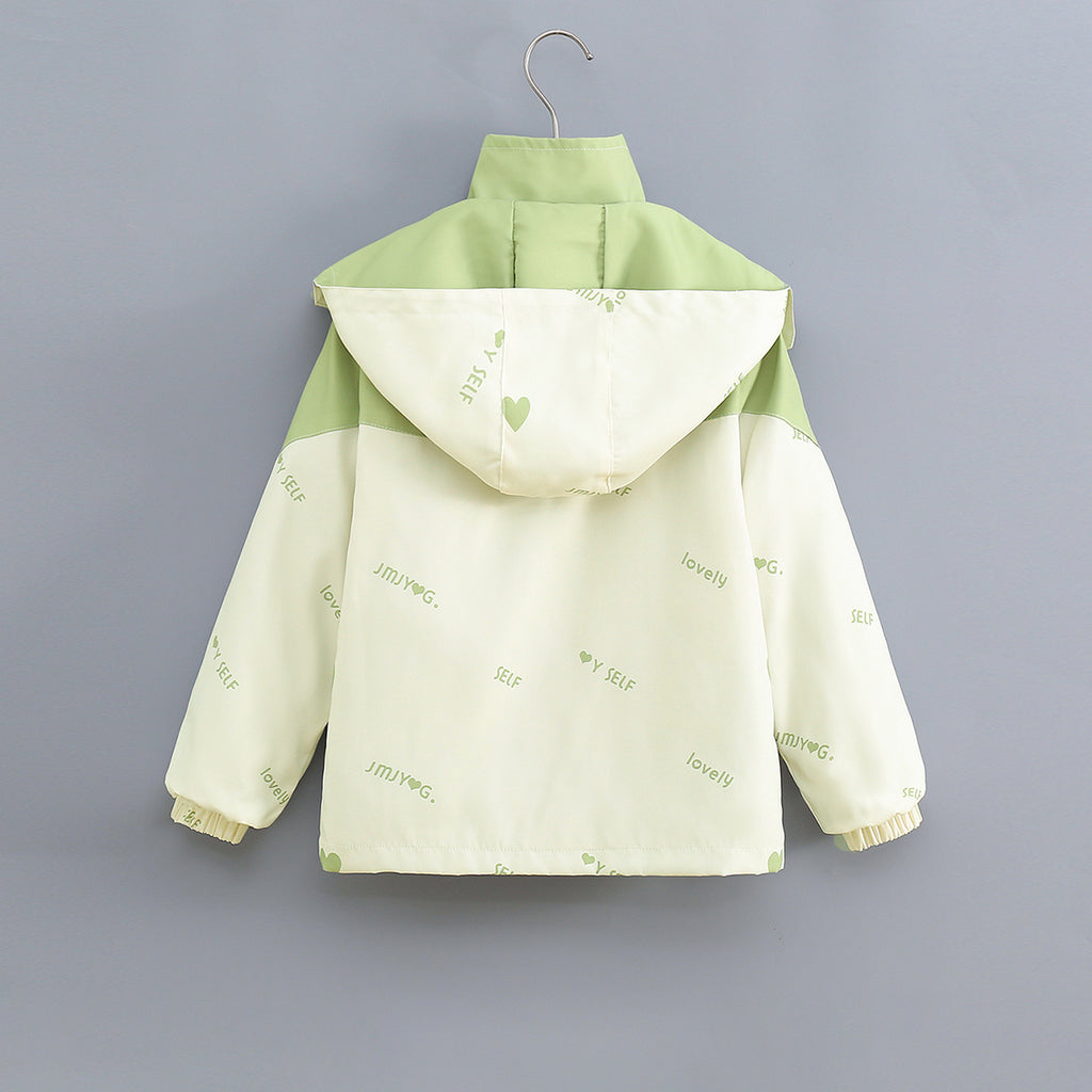 Boys Green Typographic Printed Hooded Jacket With Detachable Fleece Inner Jacket Coats & Jackets