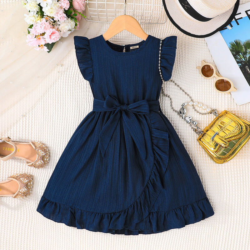 Girls Navy Blue Flutter Sleeves Bottom Ruffled Dress Casual Dresses Navy Blue 3-4 Y