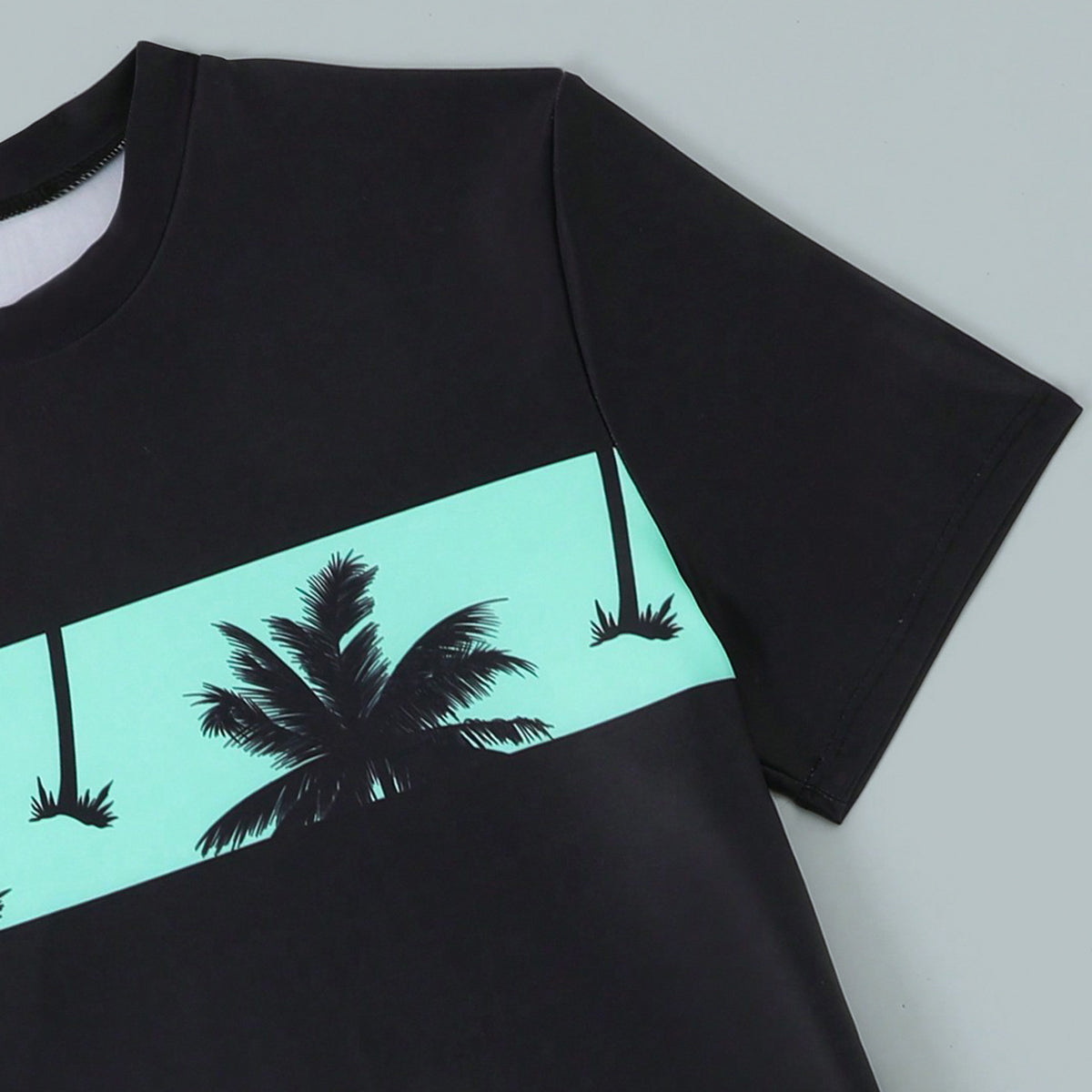 Boys Black Short Sleeves T-Shirt With Sea Green Tropical Printed Shorts Set 2 pc. Sets