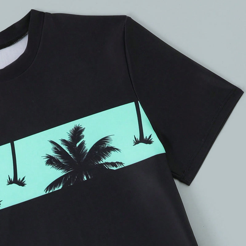 Boys Black Short Sleeves T-Shirt With Sea Green Tropical Printed Shorts Set 2 pc. Sets