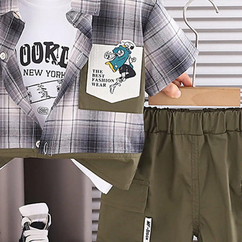 Boys Grey Checked Short Sleeve Shirt With Printed T-Shirt And Denim Shorts Sets 3 pc. Sets