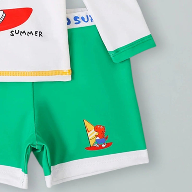 Boys Dinosaur Cartoon Print T-Shirt With Green Shorts Swimwear Sets Sets