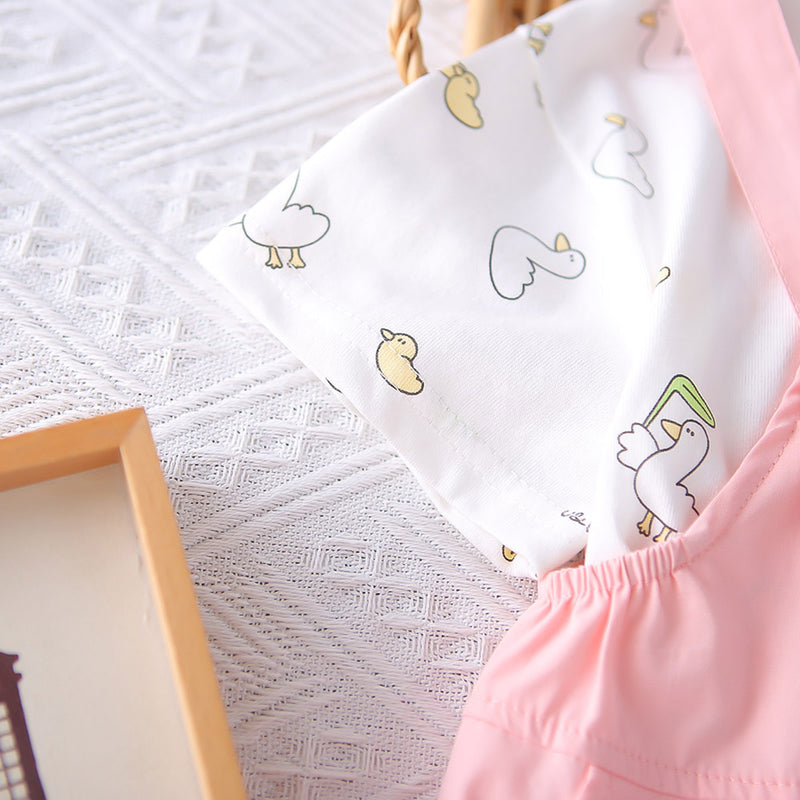 Girls Duck Printed T-Shirt With Light Pink 3D Duck Appliqued Dungaree Set 2 pc. Sets