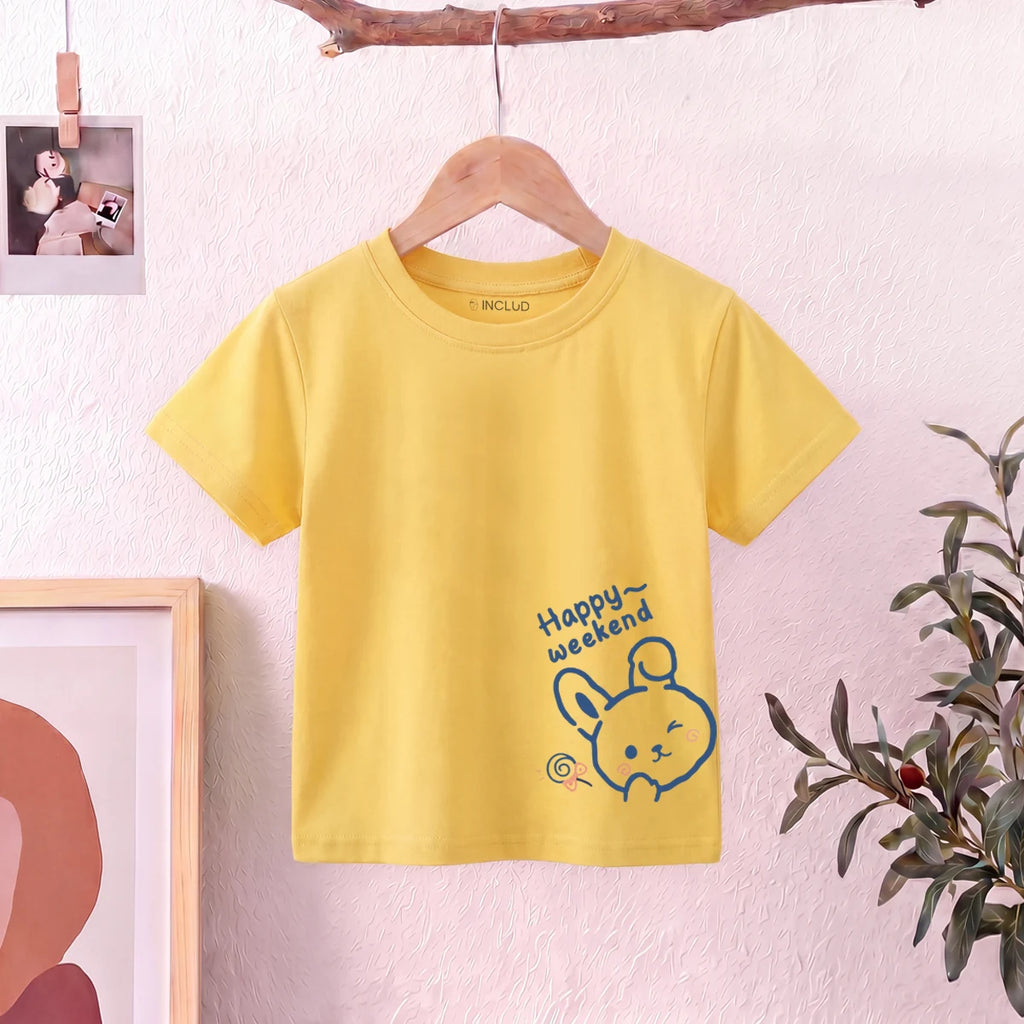 Girls Yellow Short Sleeve Happy Weekend Typography Print T-Shirt Tshirts Yellow 1-2 Y
