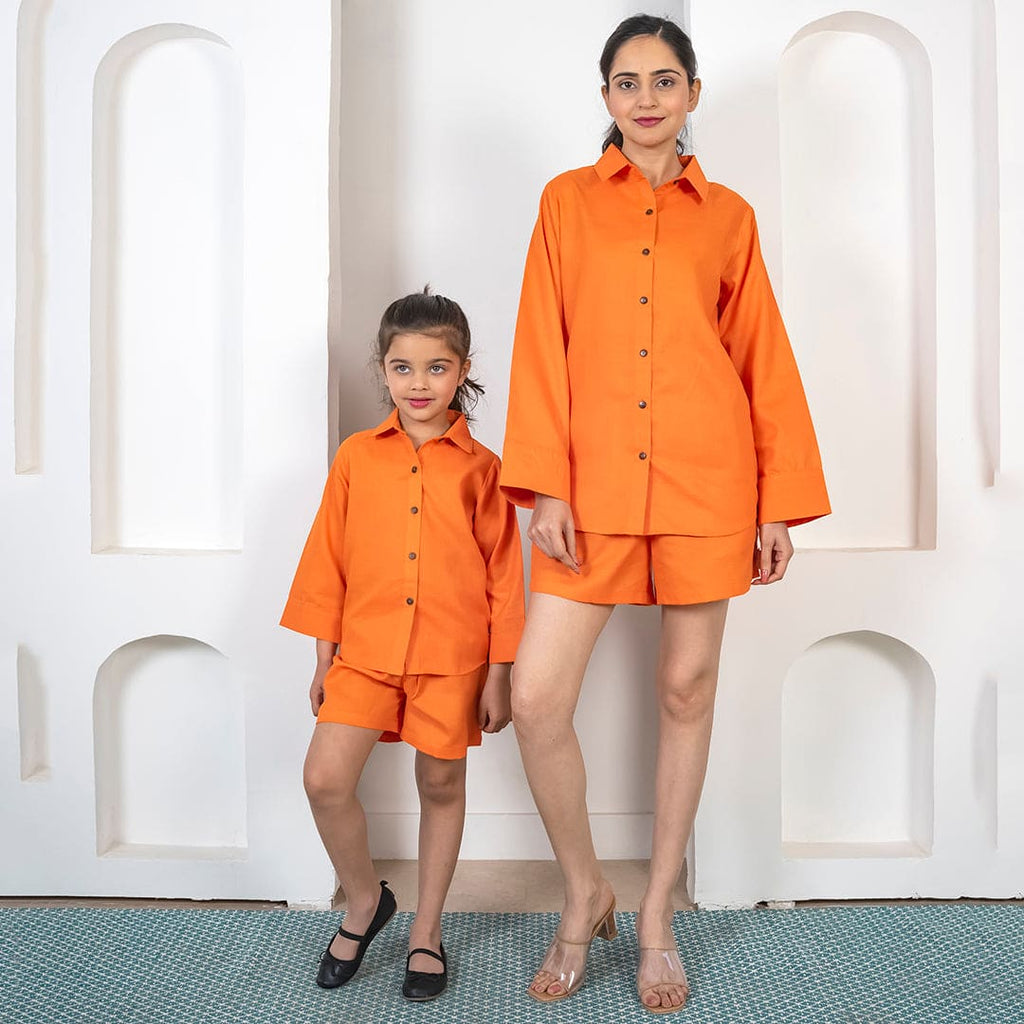 Orange Shirt with Shorts Mom & Daughter Co-Ord Set Mom & Daughter Orange S 1-2 Y