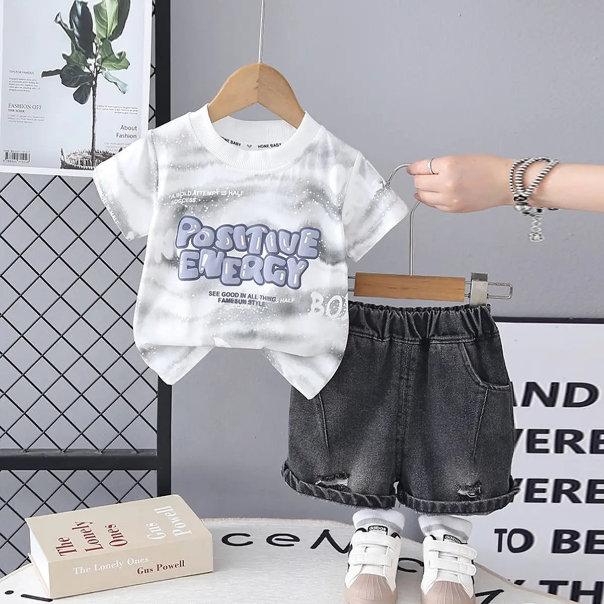 Boys White Typographic Print T-Shirt With Denim Shorts Sets Sets White 1-2 Y