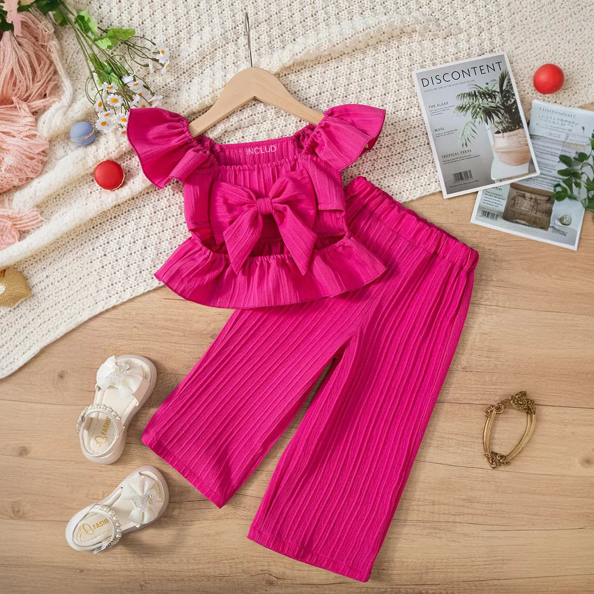 Girls Fuchsia Self Stripe Peplum Top With Pants Co-ord Sets Sets Fuchsia 1-2 Y