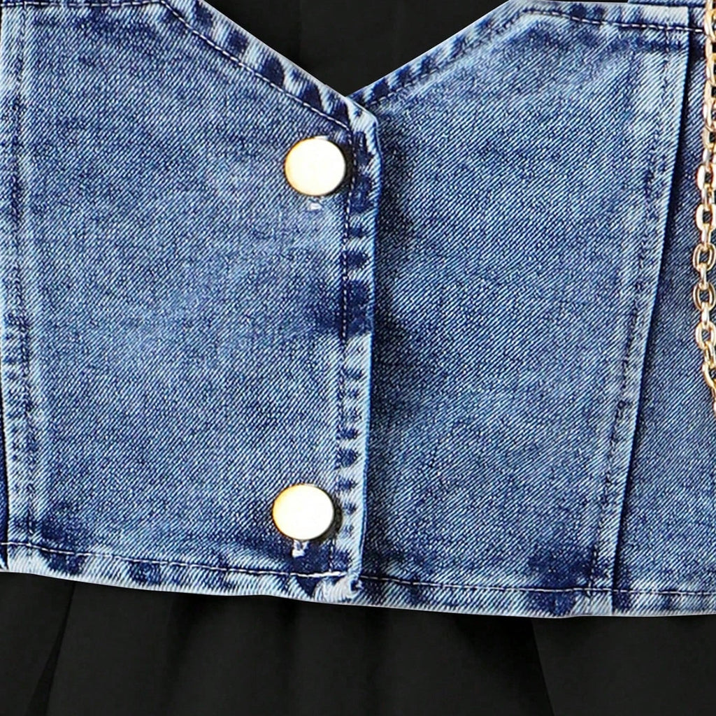 Girls Black Puff Sleeve Layered Dress With Denim Jacket Casual Dresses