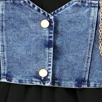 Girls Black Puff Sleeve Layered Dress With Denim Jacket Casual Dresses