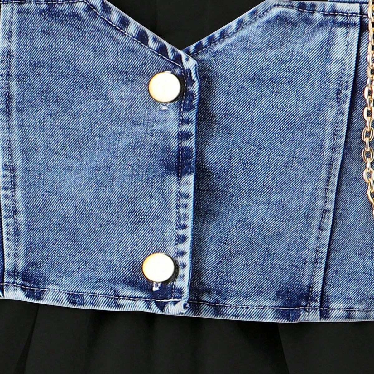 Girls Black Puff Sleeve Layered Dress With Denim Jacket Casual Dresses