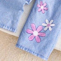Girls Off White Floral Top With Fake Denim Print Pant Sets Sets