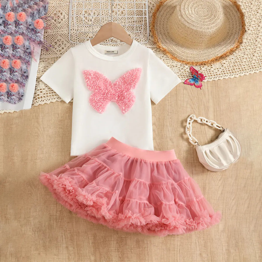 Girls 3D Butterfly Applique Top With Peach Tiered Tulle Skirt Sets Sets Peach 2-3 Y