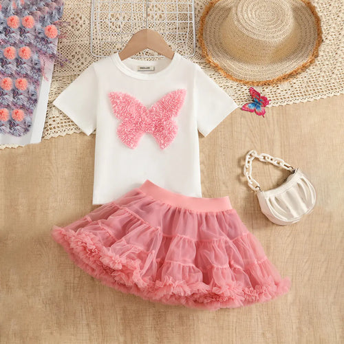 Girls 3D Butterfly Applique Top With Peach Tiered Tulle Skirt Sets Sets Peach 2-3 Y