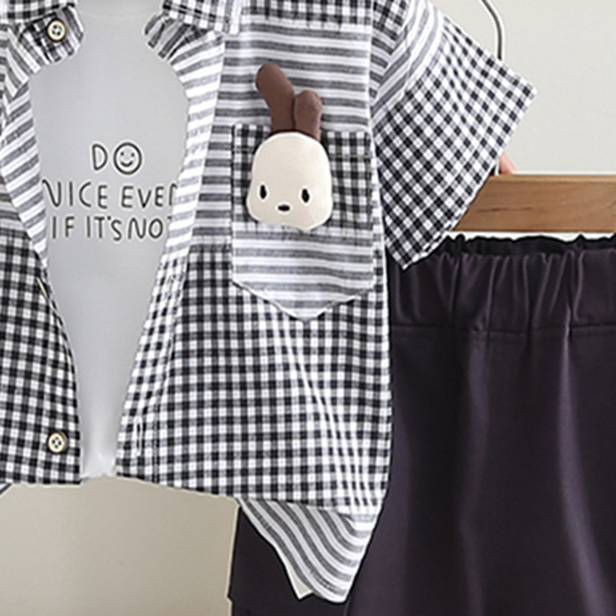 Boys Dark Grey Check Shirt With T-Shirt And Shorts Set Sets