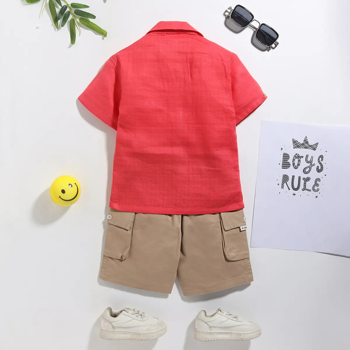 Boys Coral Checked Short Sleeves Shirt With Shorts Sets Sets