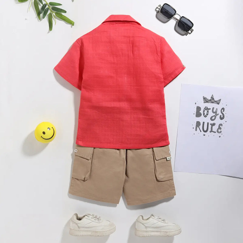 Boys Coral Checked Short Sleeves Shirt With Shorts Sets Sets
