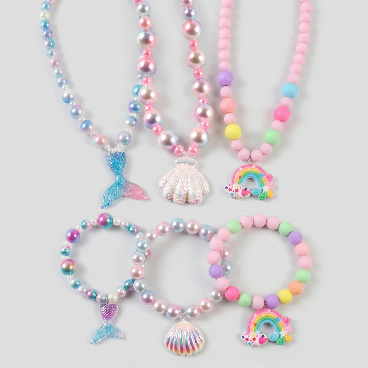 Pack Of 3 Girls Multicolour Mermaid Shell Beaded Necklace & Bracelet Sets Necklace and Bracelet Multicolor Onesize