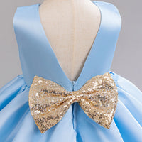 Girls Sky Blue Flared Party Wear Dress With Sequin Bow Party Dresses