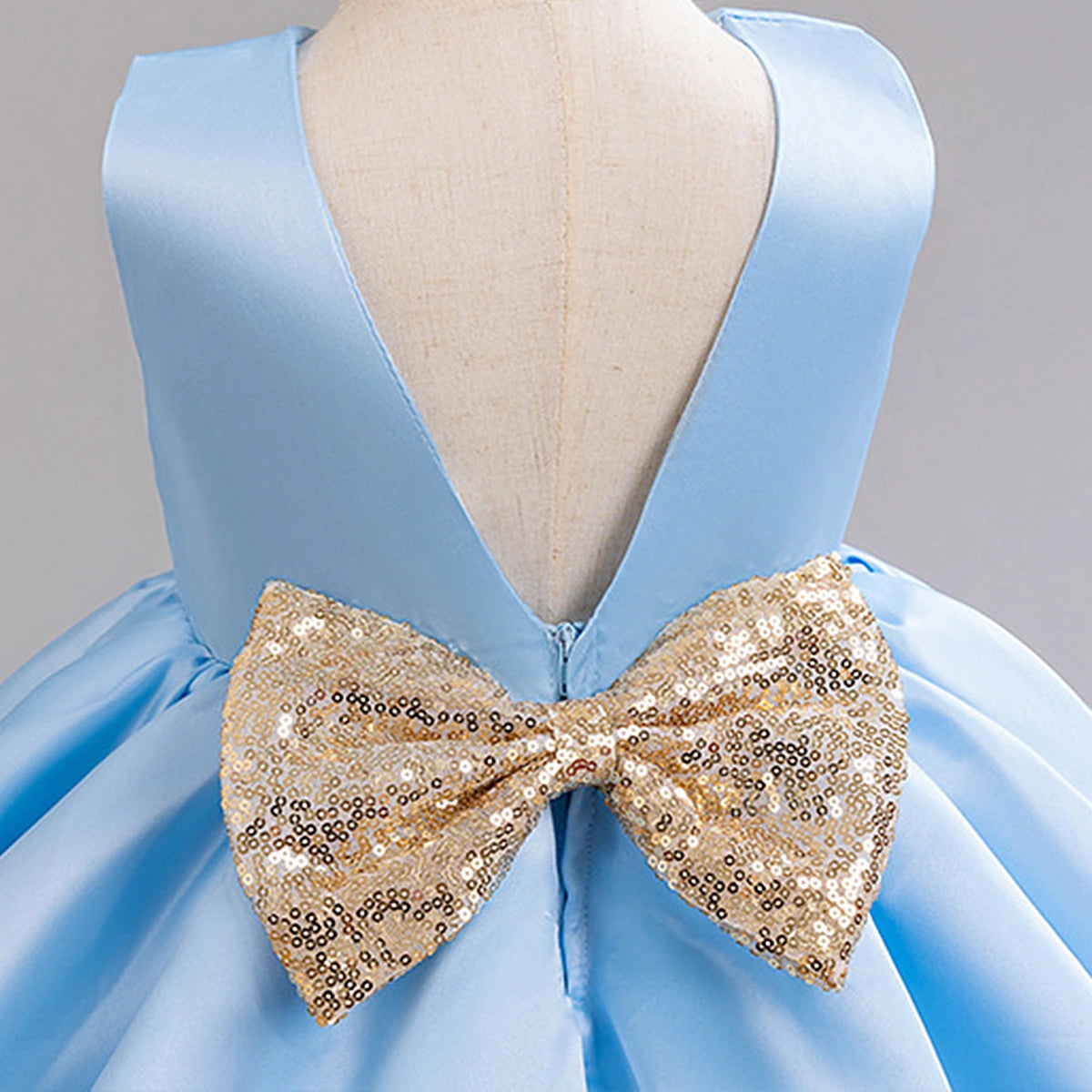 Girls Sky Blue Flared Party Wear Dress With Sequin Bow Party Dresses
