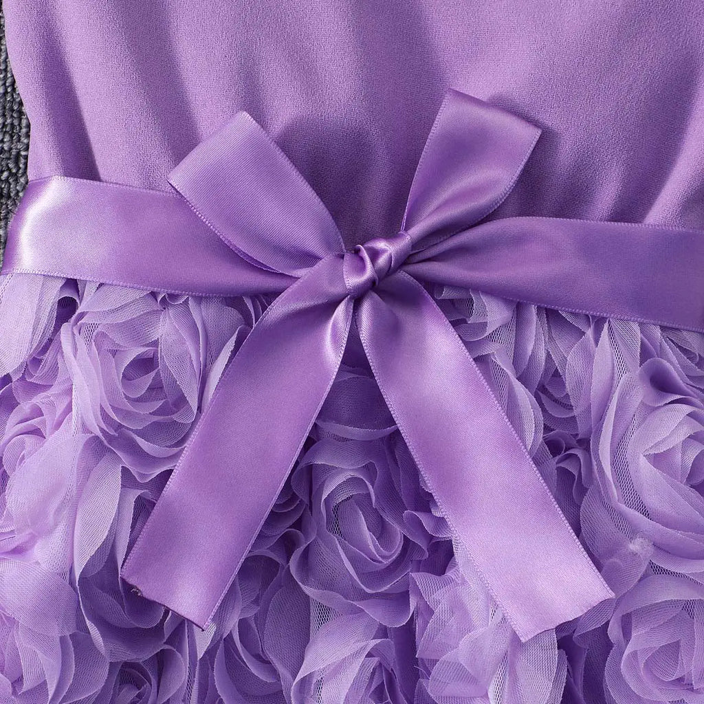 Girls Purple Rose Applique Tulle Overlay Fit & Flare Dress Casual Dresses