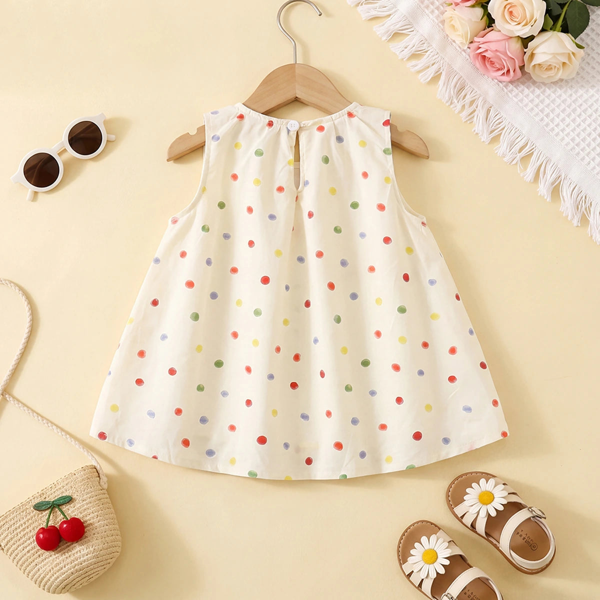 Girls Yellow Polka Dot Print Bow Applique A-Line Dress Casual Dresses
