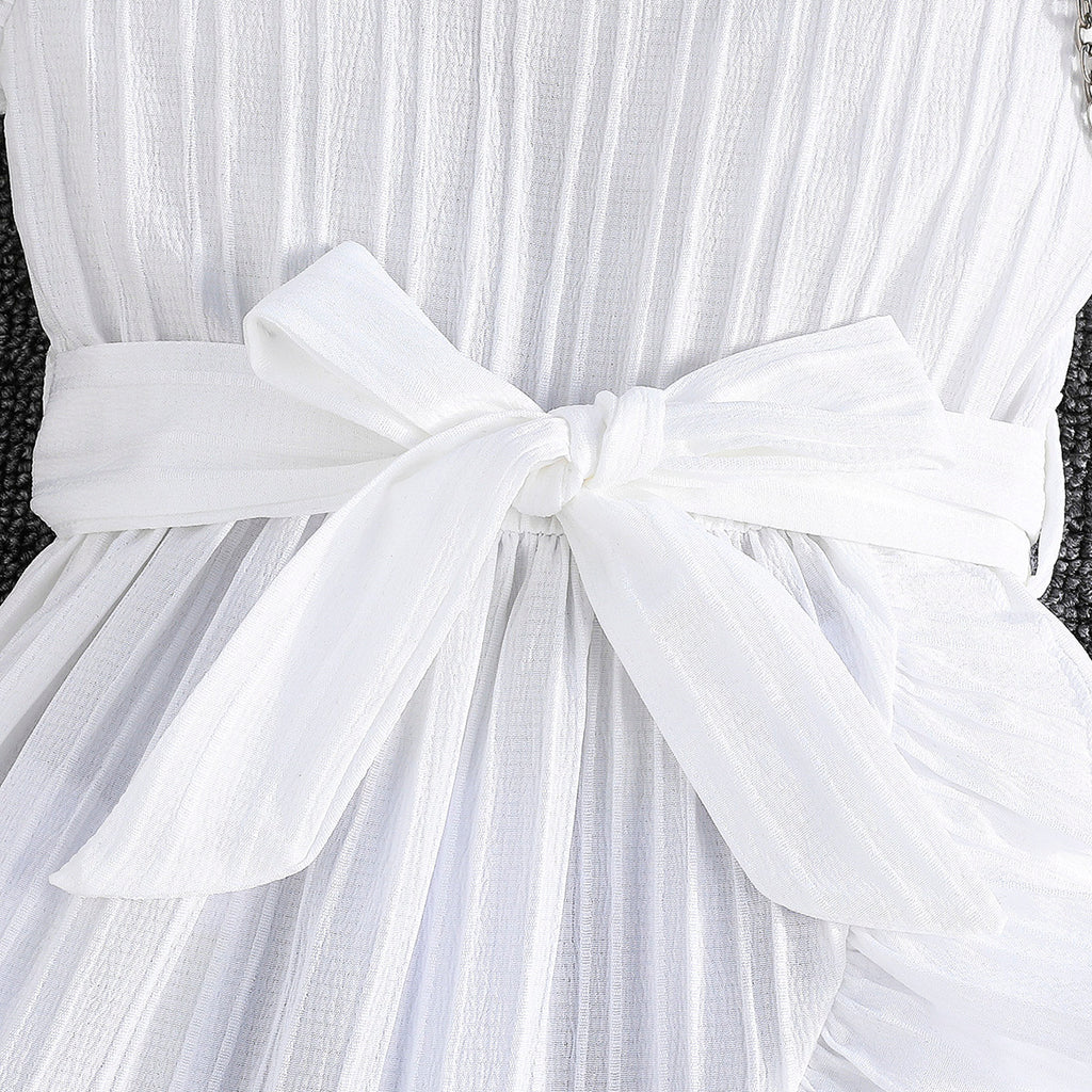 Girls White Flutter Sleeves Round Neck Dress Casual Dresses