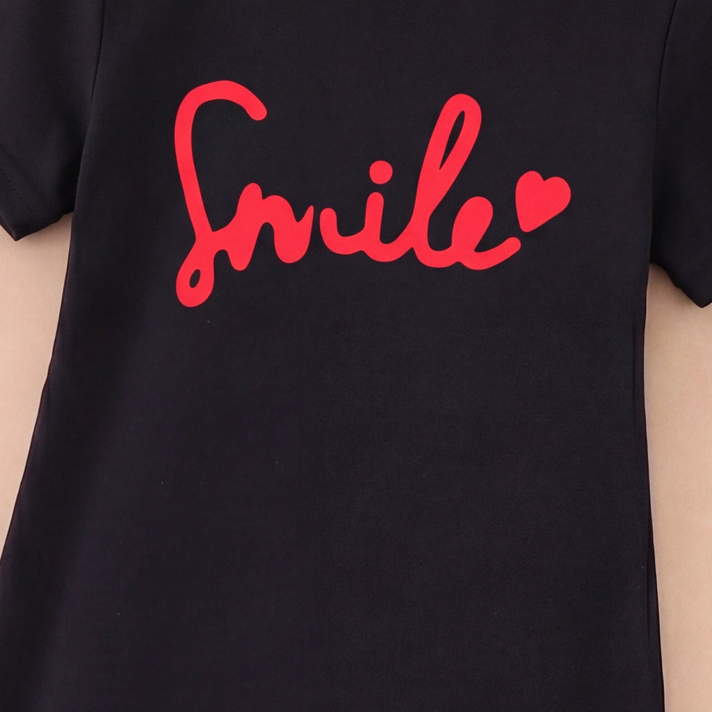 Girls Black Typographic Print Short Sleeve T-Shirt Dress Casual Dresses